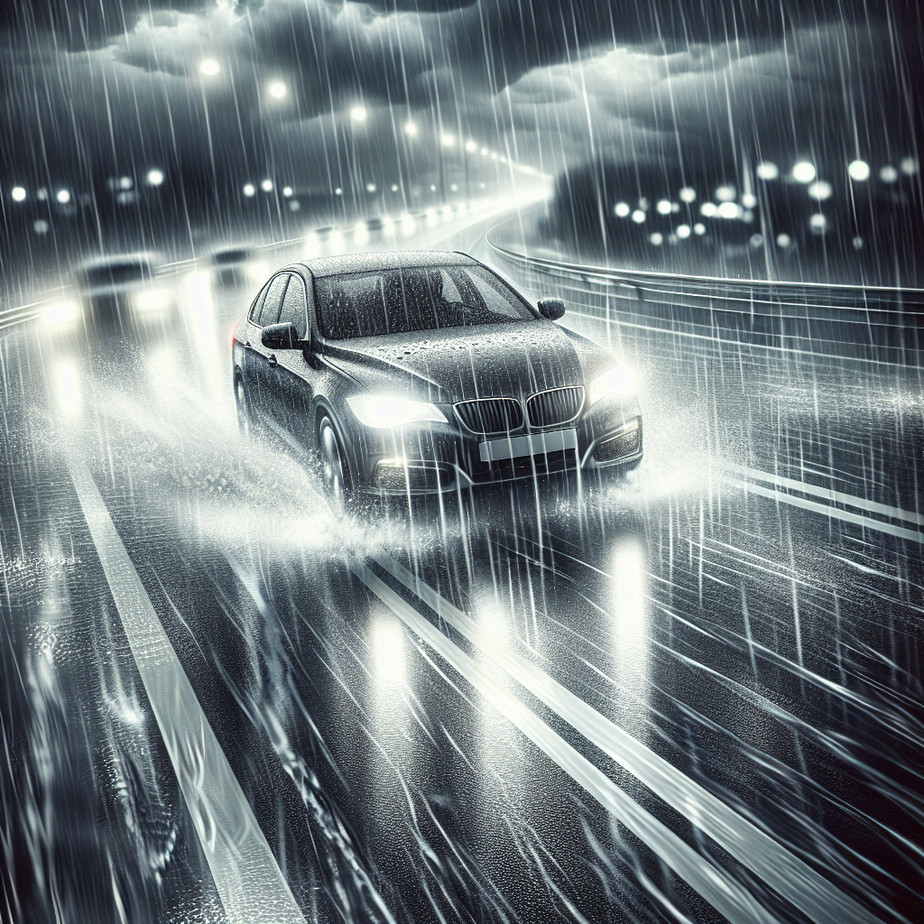 Car driving in heavy rain on a road