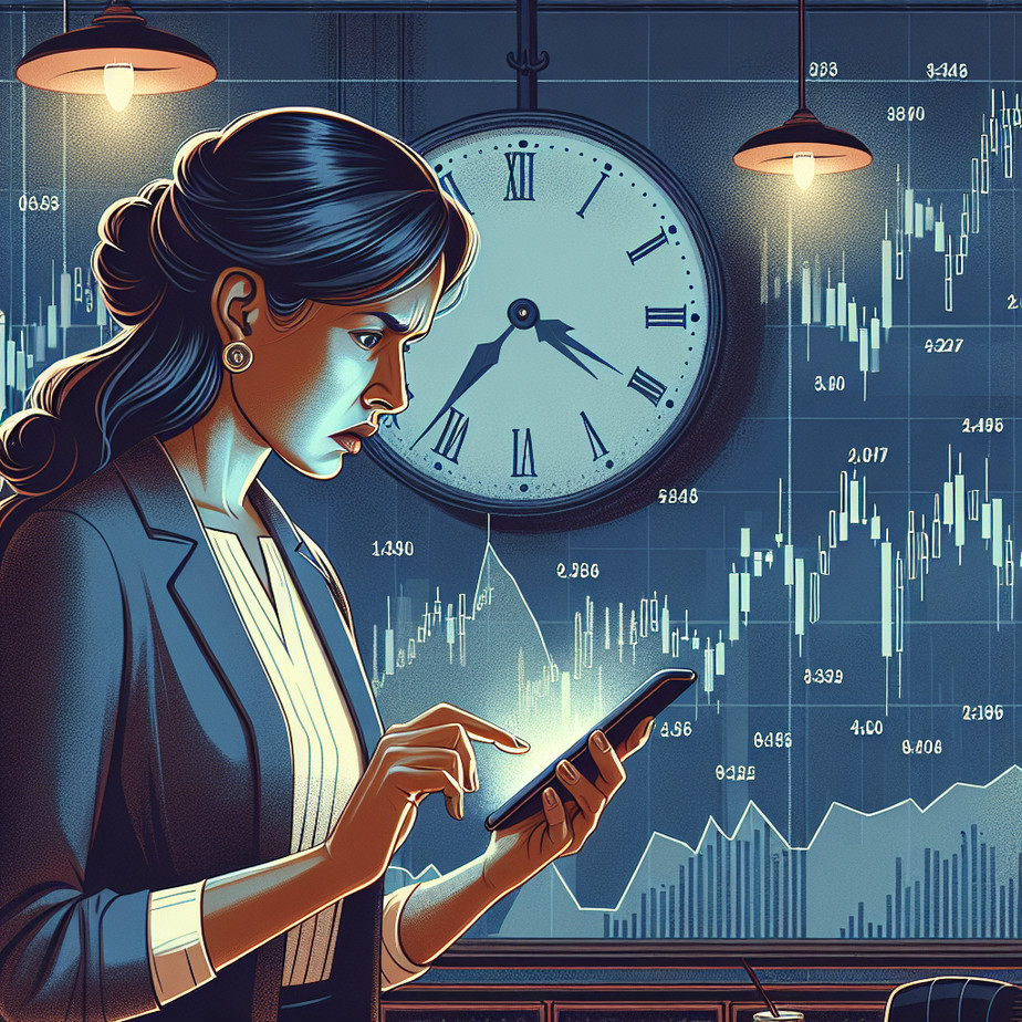 Investor analyzing stock charts with a clock symbolizing urgency.