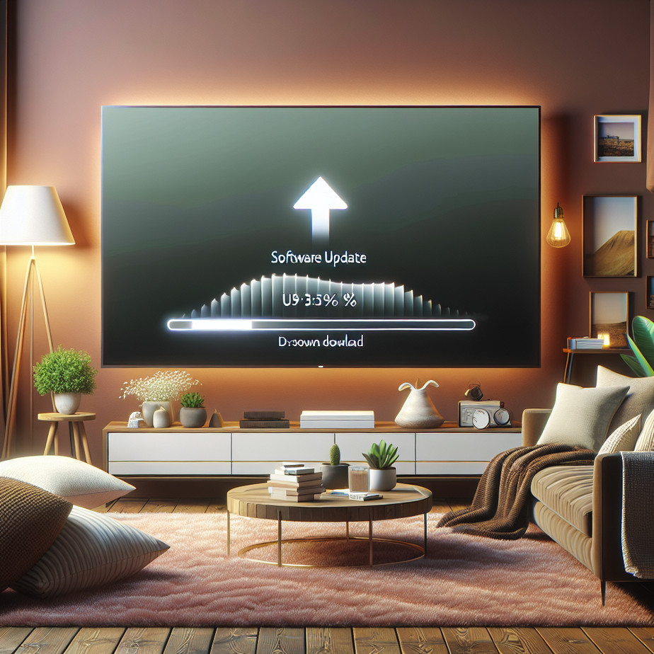 Smart TV software update screen in a cozy living room