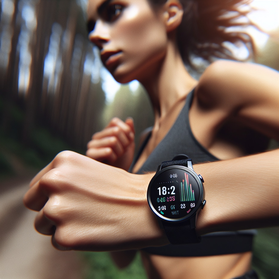 A runner with an Apple Watch checking fitness metrics.