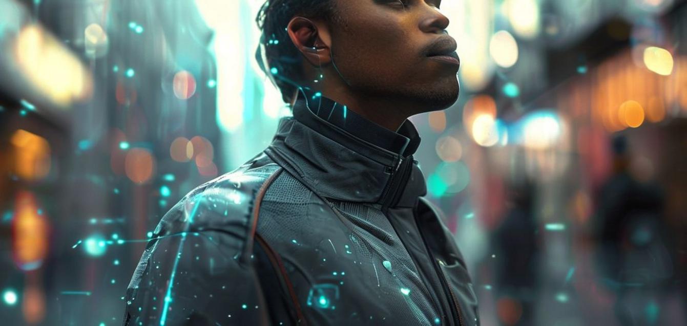 A person in a modern smart jacket with subtle glowing patterns, symbolizing integrated ambient computing technology.