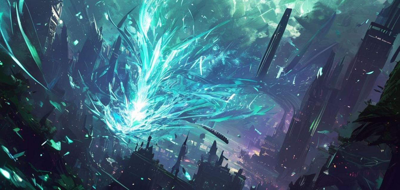 Abstract digital art depicting a glowing, crystalline title emerging from swirling energy, set against a futuristic landscape inspired by Final Fantasy VII, symbolizing the name reveal for the game's final part.