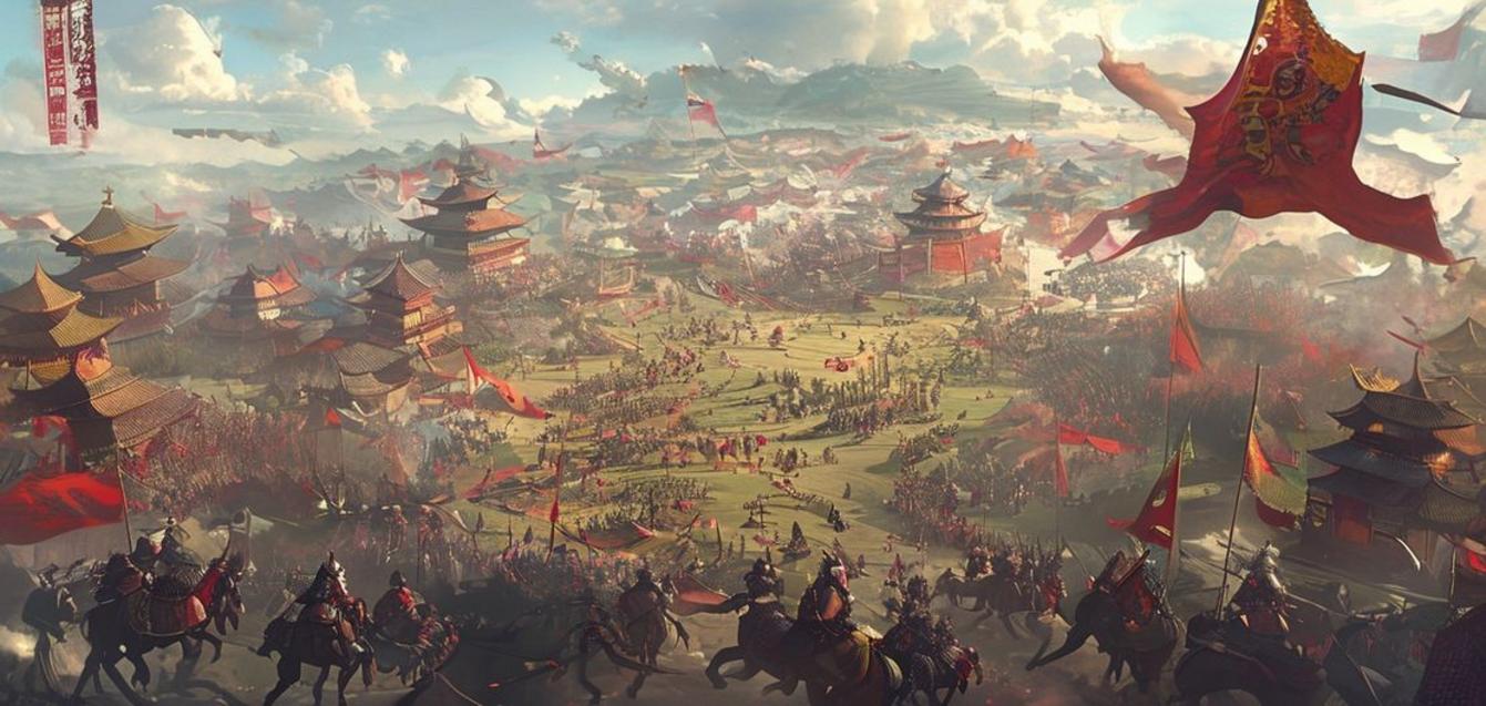 Epic real-time battlefield scene from Three Kingdoms: World Conquest mobile game, showing armies clashing with strategic depth and historical detail.