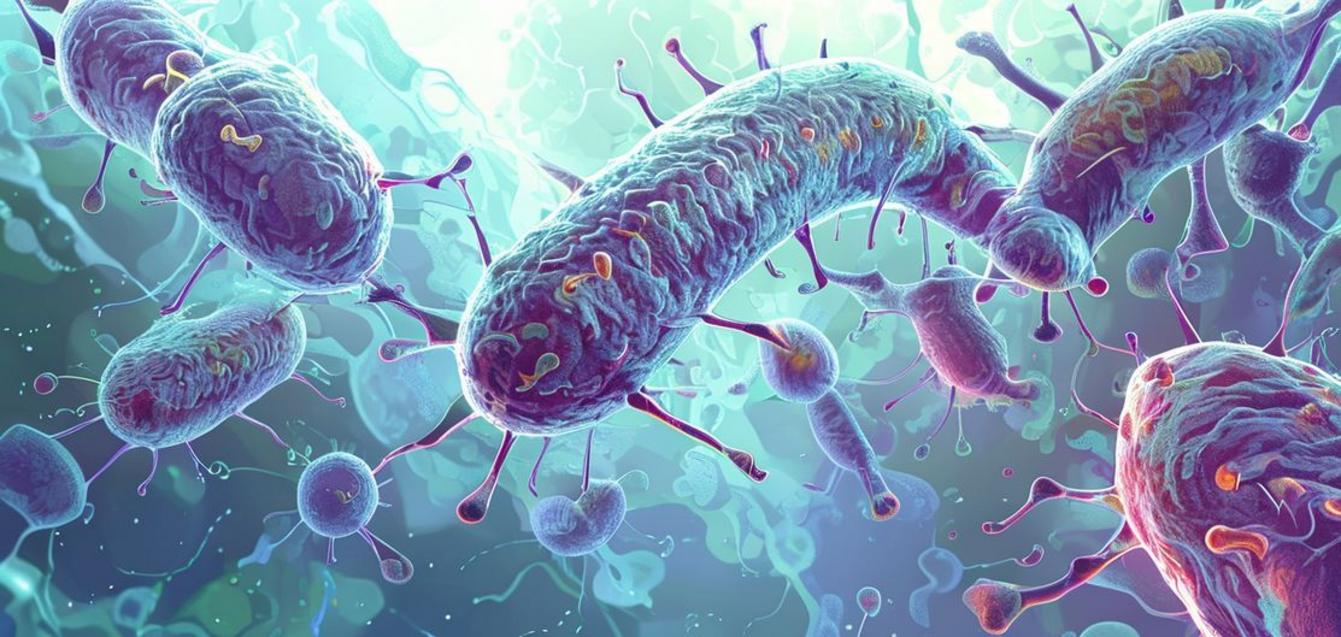 Illustration showing Mycobacterium tuberculosis interacting with human immune cells, representing research into new TB vaccine targets.