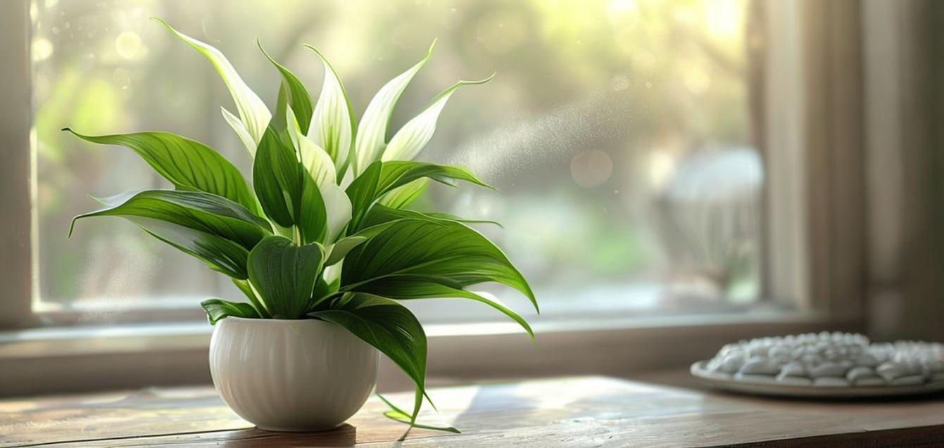 Healthy peace lily thriving in a cozy indoor setting during winter.