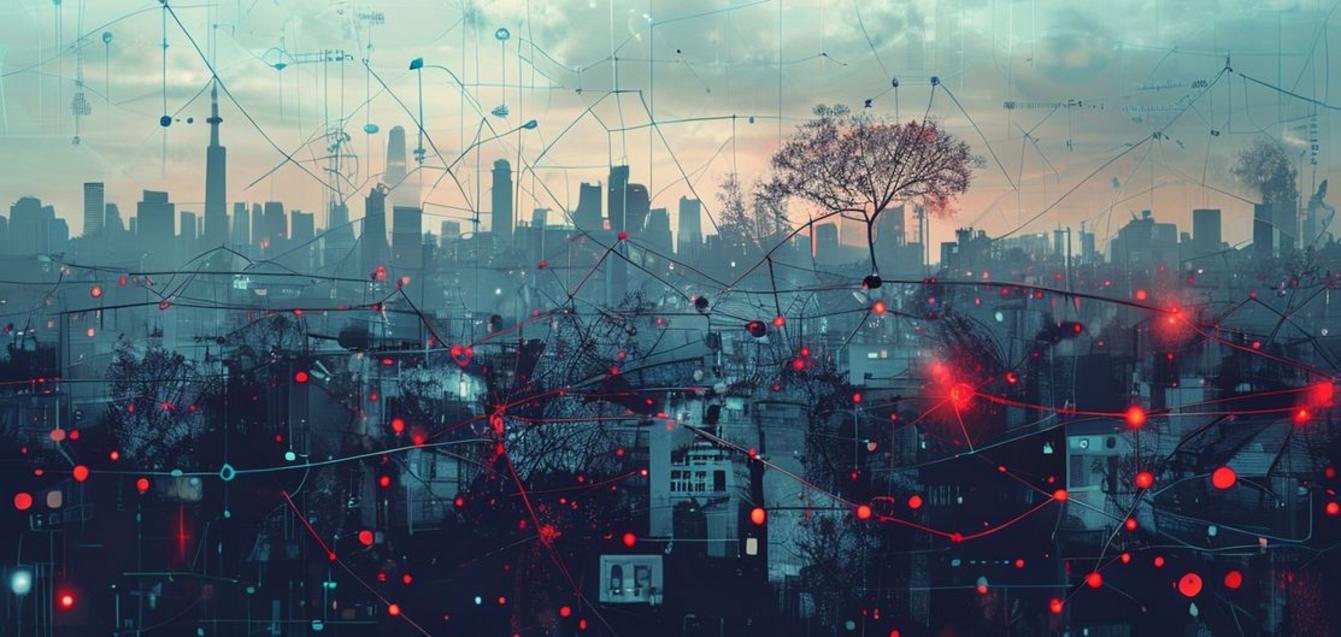 Abstract representation of complex domestic threat landscape with interwoven societal tensions and digital connections.