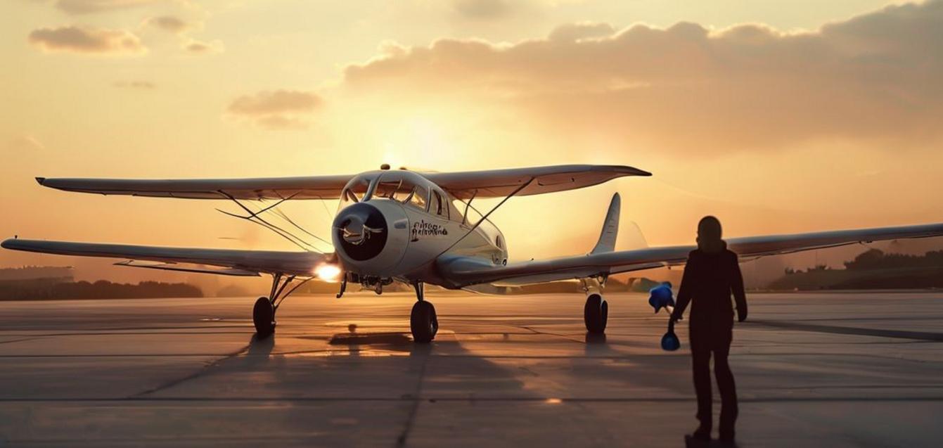A small private plane on a tarmac at dusk, symbolizing safe passage for human trafficking survivors with a Flights to Freedom logo.