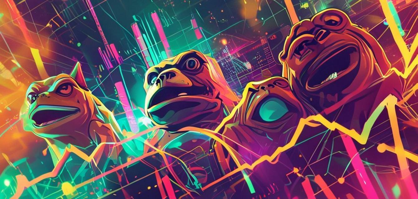 Abstract digital art depicting meme coins, with subtle hints of popular mascots and upward market trends, symbolizing crypto market potential and volatility.