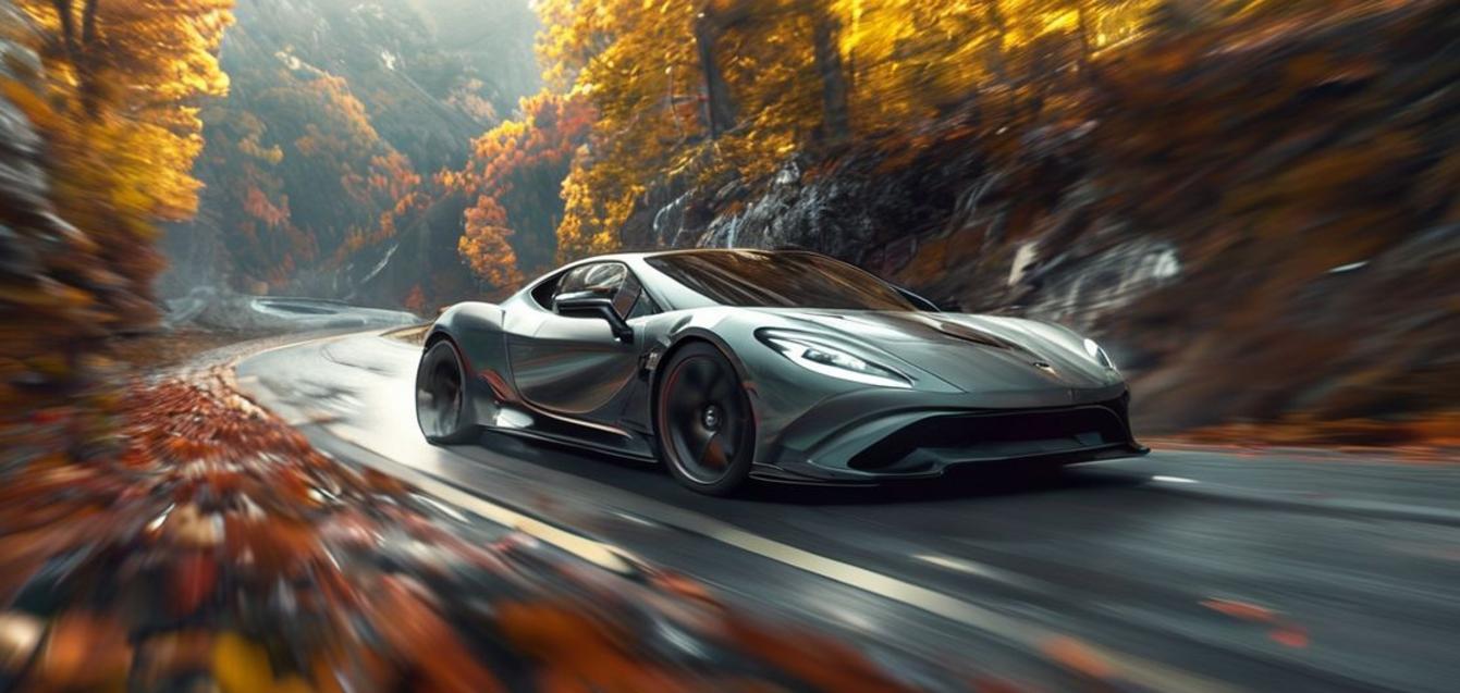 Dynamic shot of the Donkervoort P24 RS, an ultra-light supercar with an exposed V6 engine, cornering on a scenic mountain road.