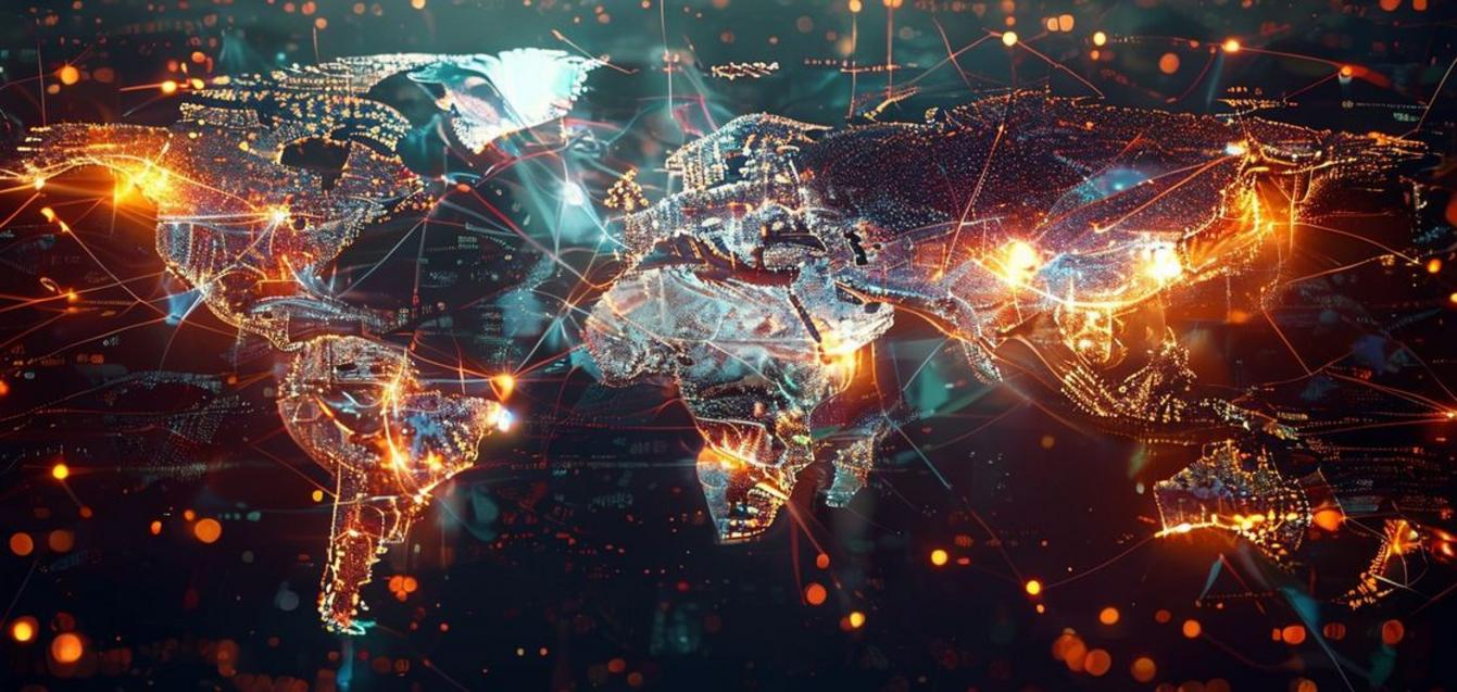 Conceptual illustration of global power dynamics shaped by artificial intelligence, showing interconnected continents and digital network patterns.