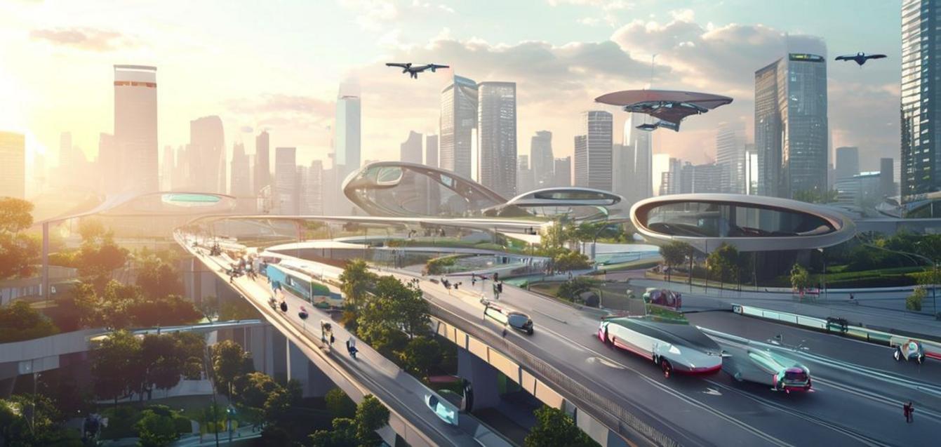 Dubai's integrated smart transport system with autonomous vehicles, electric buses, green infrastructure, and seamless urban mobility.